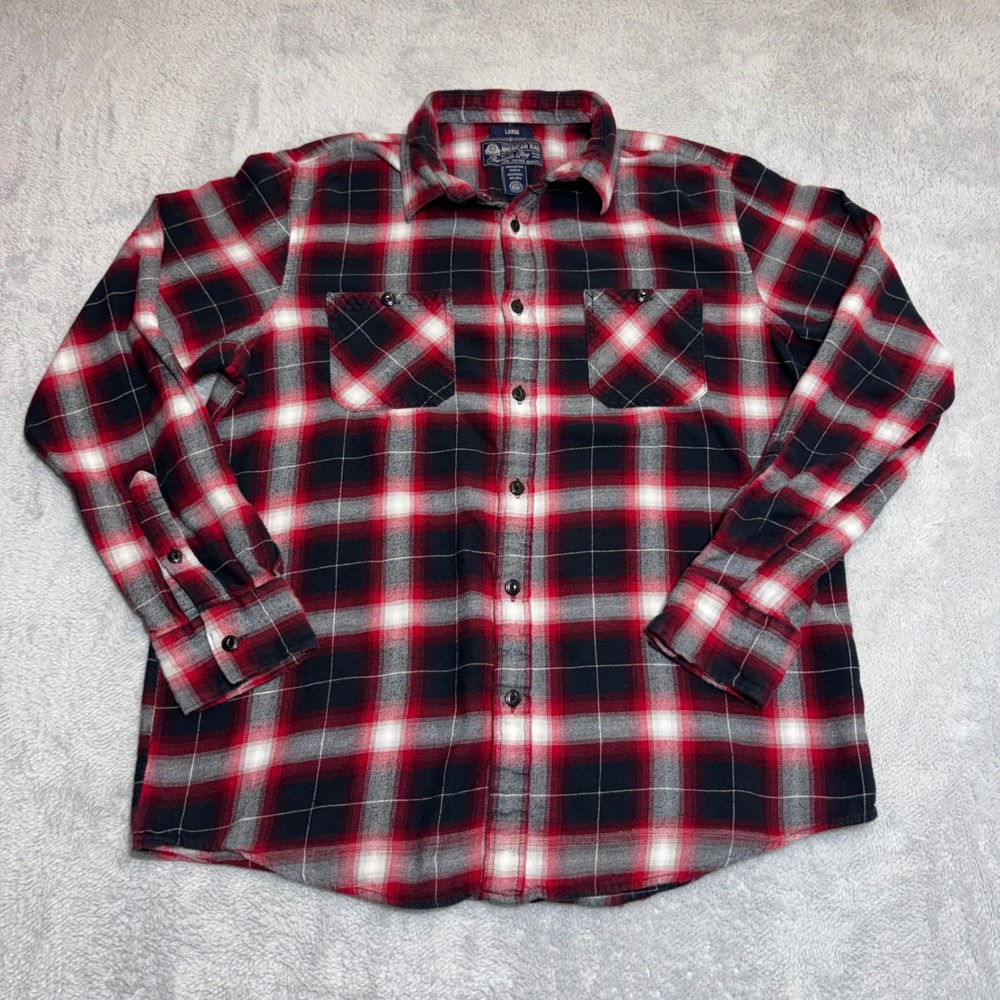 American Rag Flannel Shirt Men Large Red Black White Plaid 100% Cotton Button Up